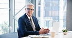 Portrait, search and laptop with business man in office for corporate venture capital, email agenda and private equity. Planning, finance return and schedule with mature employee for portfolio assets