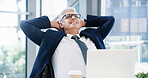Success, stretching and laptop with business man in office for corporate venture capital, deal closer or private equity. Smile, finance return and satisfied with mature employee for portfolio assets