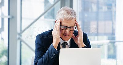 Buy stock photo Business, laptop and mature man with headache, stress and overworked with burnout. Person, employee and accountant with pc, tired and migraine with anxiety, pain or difficult audit with brain fog