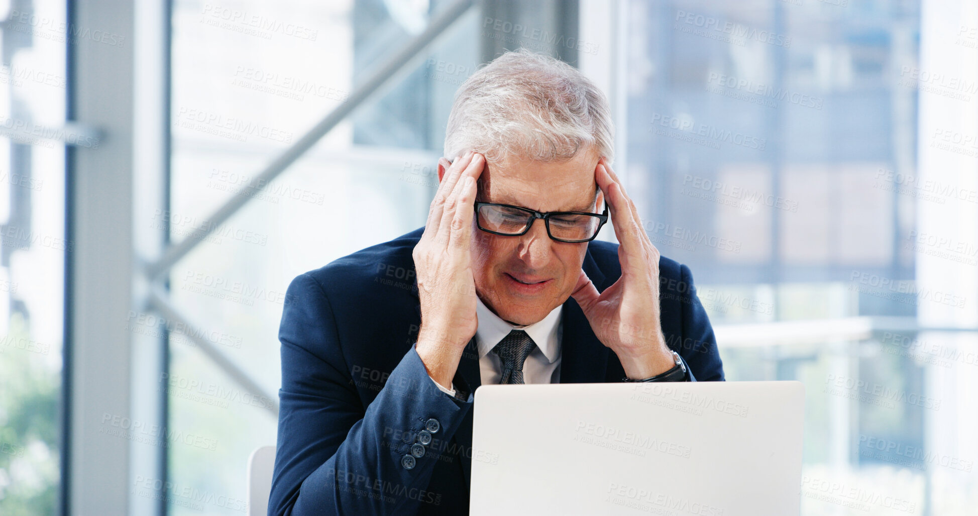 Buy stock photo Business, laptop and mature man with headache, stress and overworked with burnout. Person, employee and accountant with pc, tired and migraine with anxiety, pain or difficult audit with brain fog