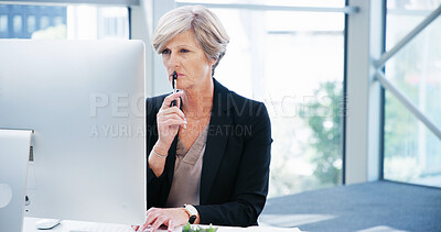 Buy stock photo Reading, computer and thinking with business woman in office for debt solution, loan application and idea. Bank manager, client portfolio and policy update with mature person in finance firm.