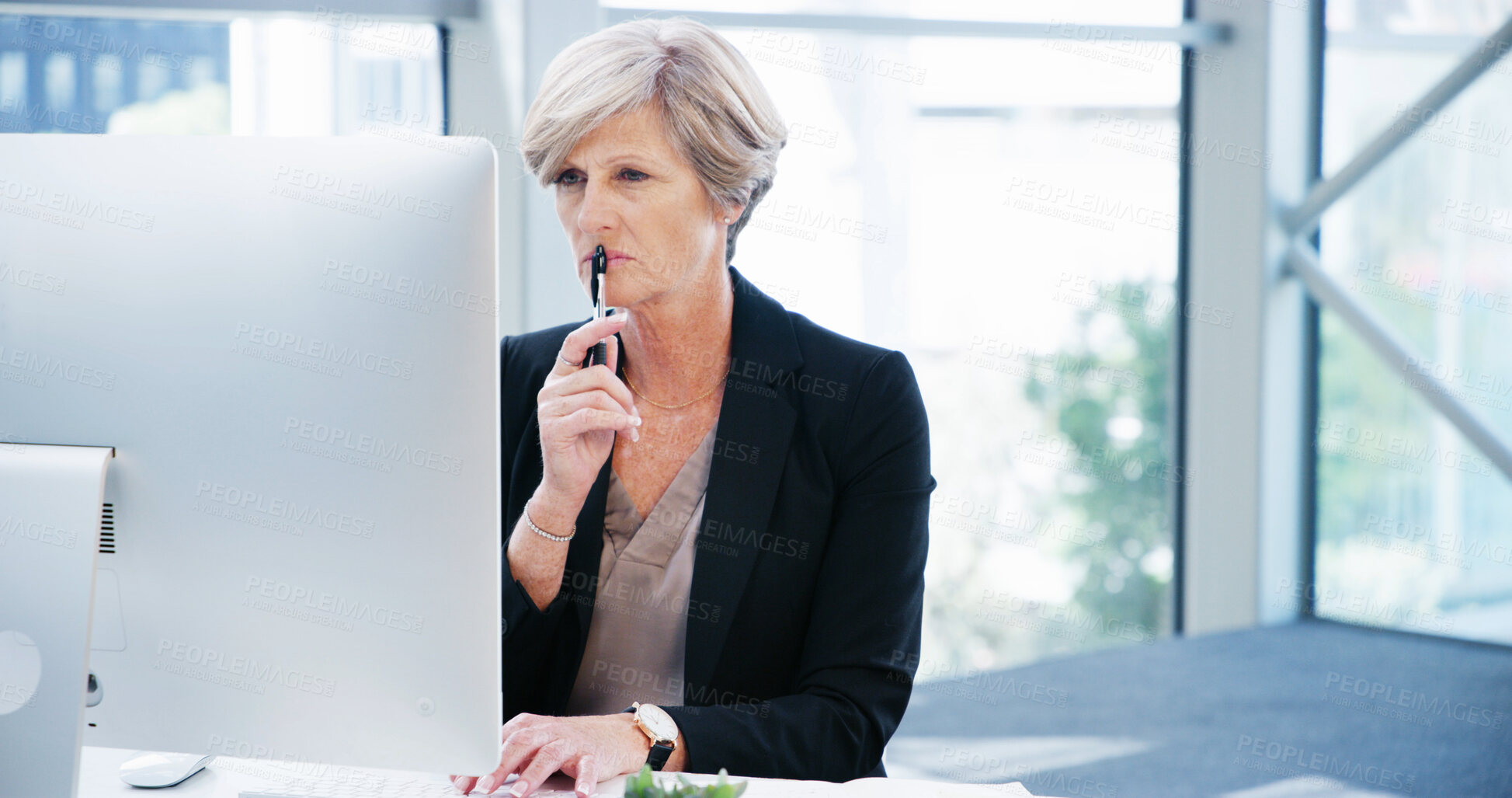 Buy stock photo Reading, computer and thinking with business woman in office for debt solution, loan application and idea. Bank manager, client portfolio and policy update with mature person in finance firm.