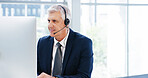 Computer, headset and businessman for consulting, proposal and project or online research in office. Mature corporate attorney, lawyer and crm support on computer for report, email and planning