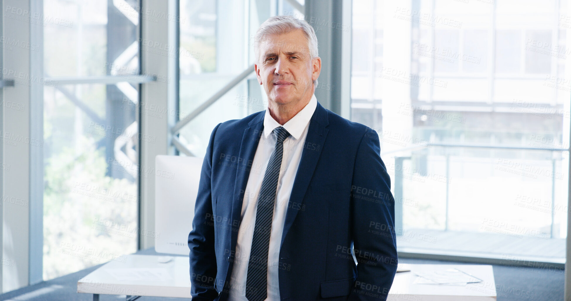 Buy stock photo Business, corporate and portrait with mature man in office for management of professional company. About us, confident and mission with CEO or executive in suit at finance or investment agency