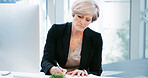 Computer, notes and business woman for consulting, proposal and project or online research in office. Mature corporate attorney, lawyer and notebook for report brainstorming, email and planning
