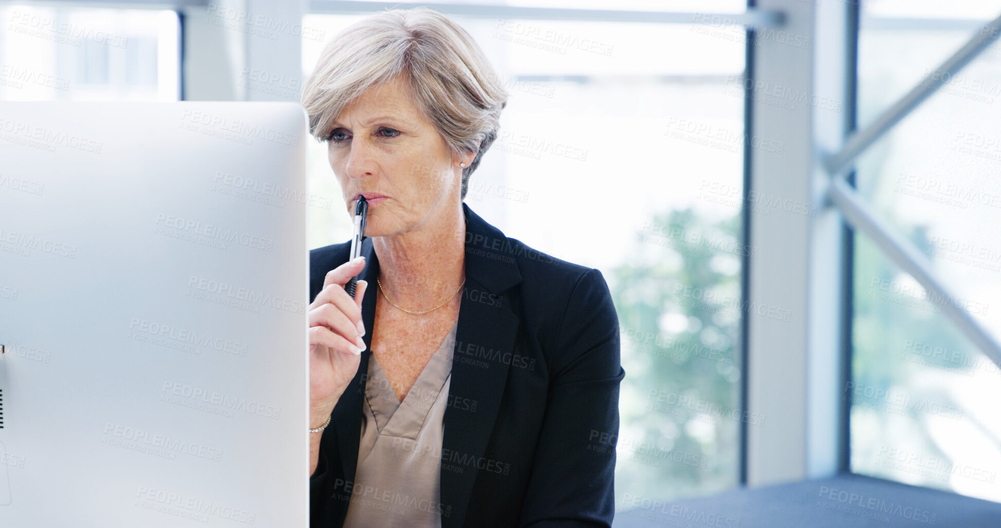 Buy stock photo Reflection, computer and thinking with business woman in office for debt solution, loan application and idea. Bank manager, client portfolio and policy update with mature person in finance firm.