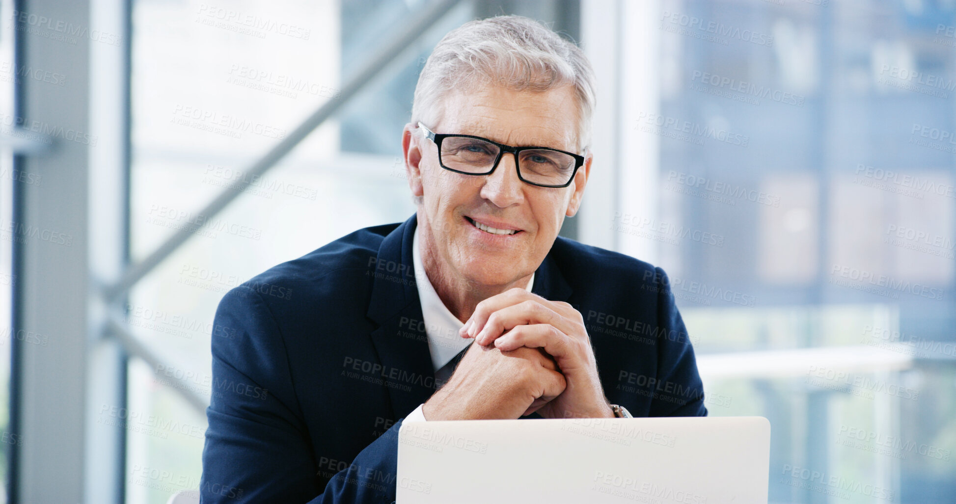 Buy stock photo Portrait, laptop and mature man in office, smile and glasses with accounting firm. Face, happy person and financial advisor with pc, profit growth and internet with asset management or tax consultant