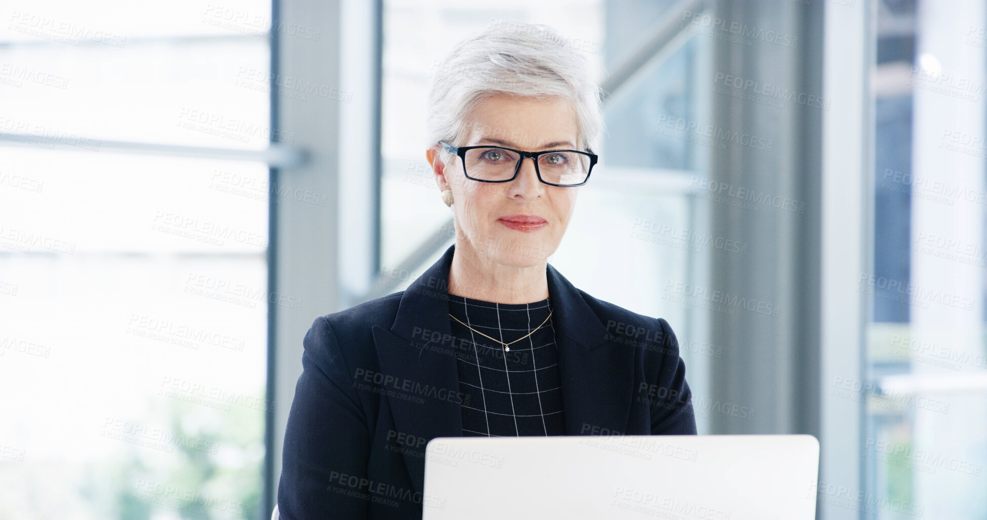 Buy stock photo Portrait, laptop and mature woman in office, internet and tax consultant with glasses. Face, happy person and financial advisor with pc, profit growth and research for investment and asset management