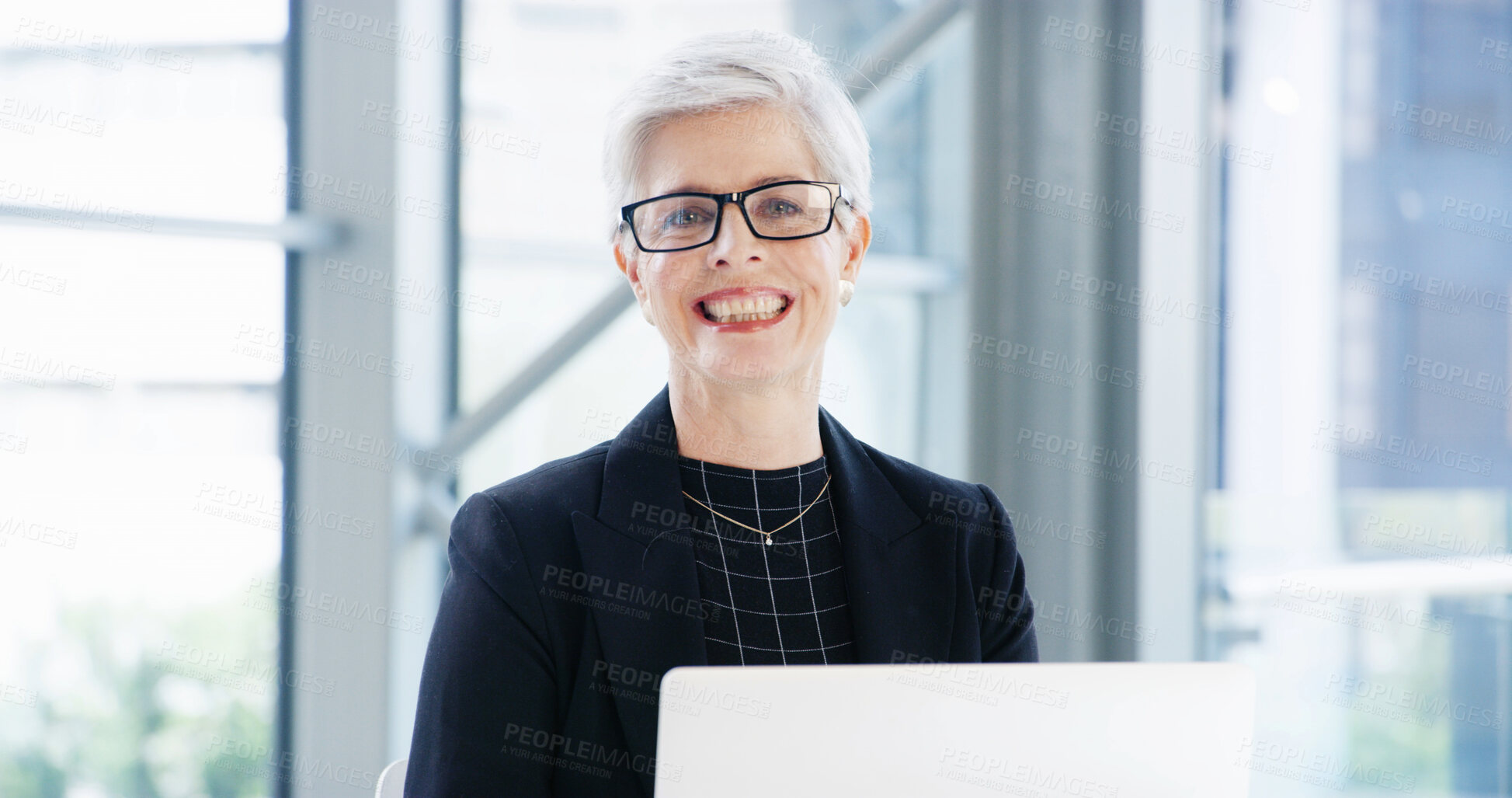 Buy stock photo Portrait, business and woman in office, laptop and research for investment growth. Face, mature person and financial advisor with pc, tax consultant and internet with risk management and website info