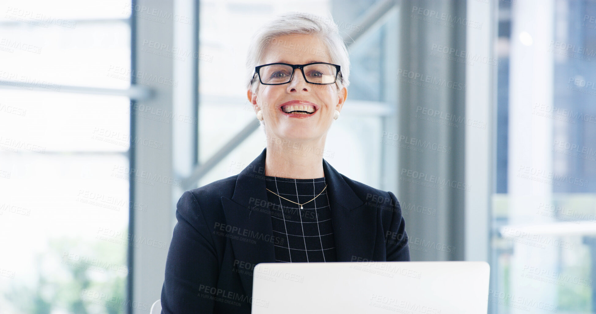 Buy stock photo Portrait, laptop and woman in office, funny and asset management with accounting firm. Tax consultant, mature person or financial advisor with pc, profit growth or internet with connection or network