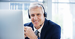 Computer, headset and businessman portrait for consulting, proposal and project or online research in office. Mature corporate attorney, lawyer and smile for report brainstorming, email and planning