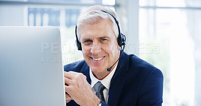Buy stock photo Computer, headset and businessman portrait for consulting, contact and advice for online research in office. Mature corporate attorney, lawyer and smile for communication, email and legal support