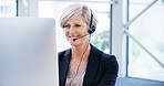 Computer, headset and business woman for consulting, proposal and project or online research in office. Mature corporate attorney, lawyer and smile for report brainstorming, email and planning