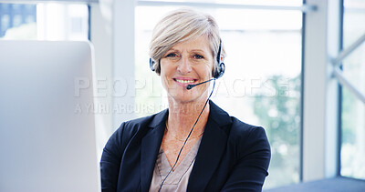 Buy stock photo Computer, headset and business woman portrait for consulting, proposal and project or online research. Mature corporate attorney, lawyer and smile for report brainstorming, office email and planning