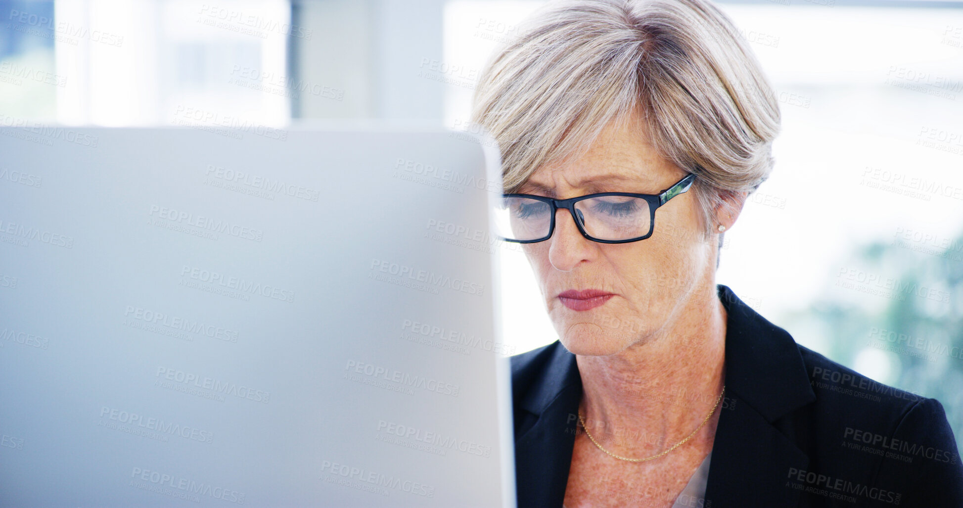 Buy stock photo Computer, thinking and business woman in office for legal case, proposal and project for online research. Corporate attorney, mature lawyer and worker for consultant report, typing email and planning