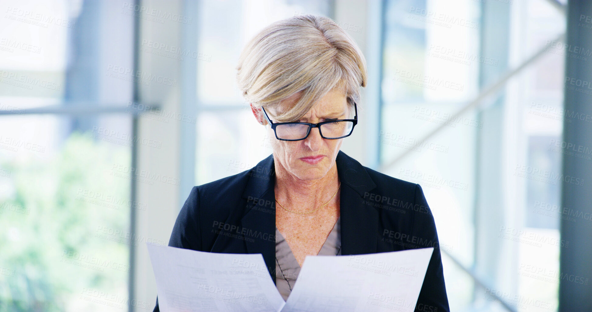 Buy stock photo Documents, business woman and compare in office for legal case, proposal and project or research. Corporate attorney, mature lawyer and worker for consultant report, reading paper and planning