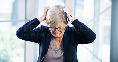 Buy stock photo Hair, pull and woman in office with stress, anxiety or mental health crisis for financial business debt. Frustrated, crying and mature businesswoman with anger, bankruptcy burnout or risk management 