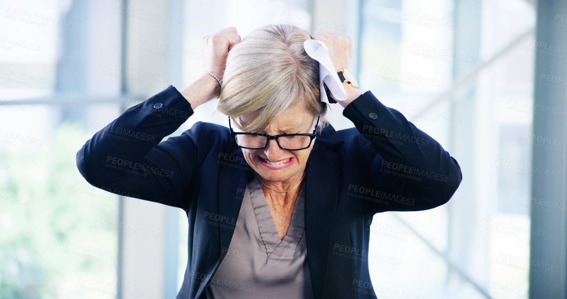Buy stock photo Hair, pull and woman in office with stress, anxiety or mental health crisis for financial business debt. Frustrated, crying and mature businesswoman with anger, bankruptcy burnout or risk management 