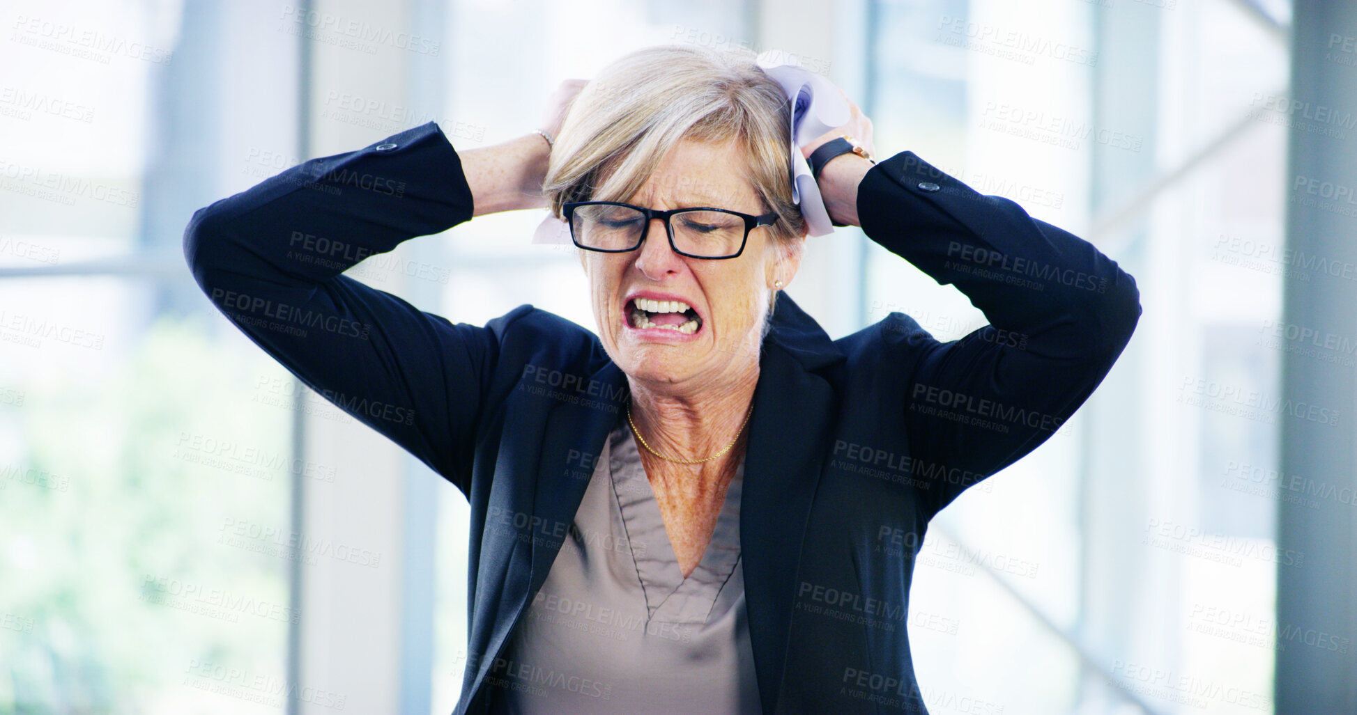 Buy stock photo Hair, pull and woman in office with scream, anxiety or mental health crisis for financial business debt. Frustrated, crying and mature businesswoman with anger, bankruptcy stress or risk management 