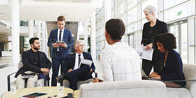 Buy stock photo Collaboration, corporate and meeting with business people in lobby of office for planning or strategy, Coaching, management and training with employee team in discussion of company development