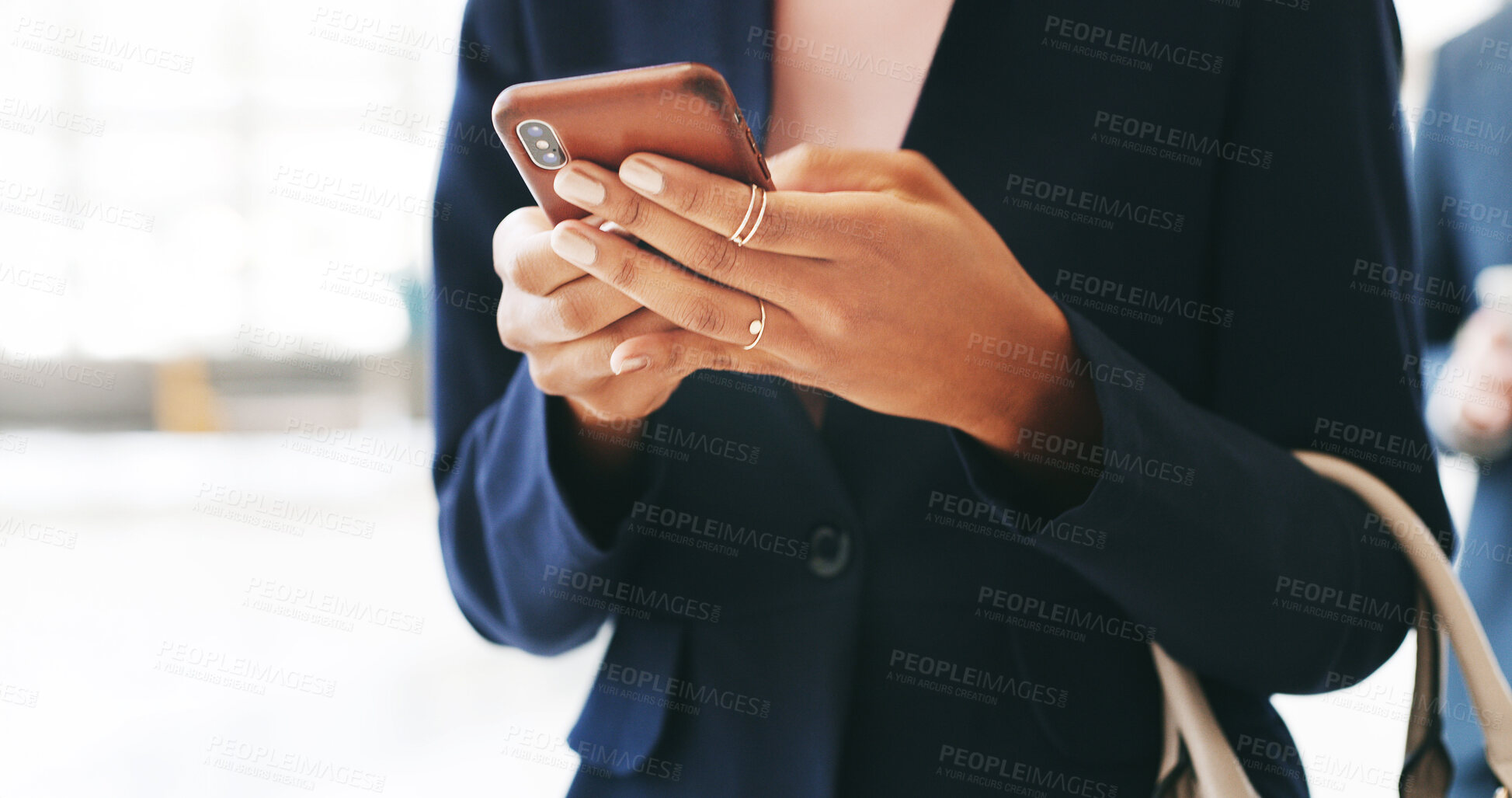 Buy stock photo Office, hands and scroll with smartphone for chat, online communication and connection with contact. Closeup, business person and consultant with mobile for app, social media and message for client