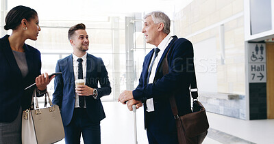 Buy stock photo Collaboration, meeting and talking with business people in lobby of office together for discussion. Conference, convention center or seminar with manager and employee team in auditorium for training
