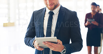 Buy stock photo Hands, tablet and business man online in office, check email or trading app in queue at crypto convention. Digital technology, corporate and happy worker with finance, investment update and schedule