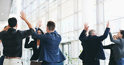 Buy stock photo Business people, group high five and success for conference, training and celebration with workshop feedback. Presentation, announcement and meeting for growth, support and investment seminar goals