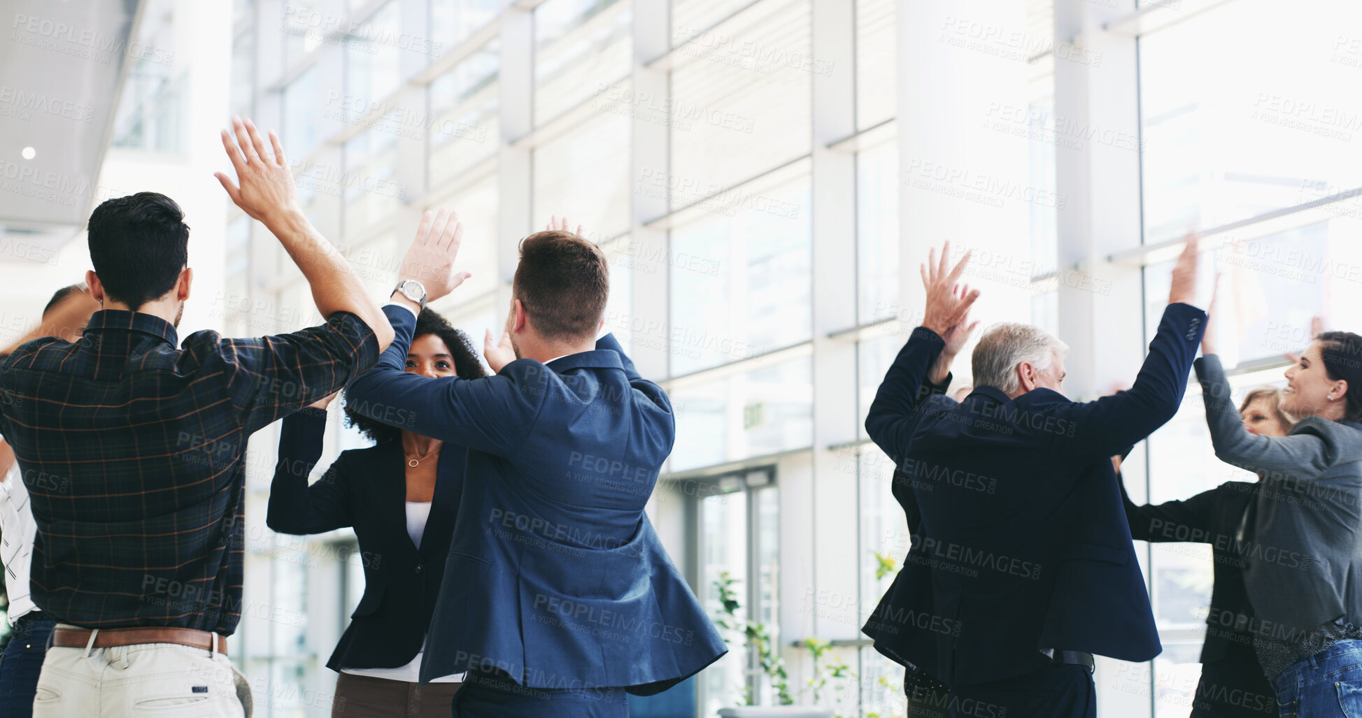Buy stock photo Business people, group high five and success for conference, training and celebration with workshop feedback. Presentation, announcement and meeting for growth, support and investment seminar goals