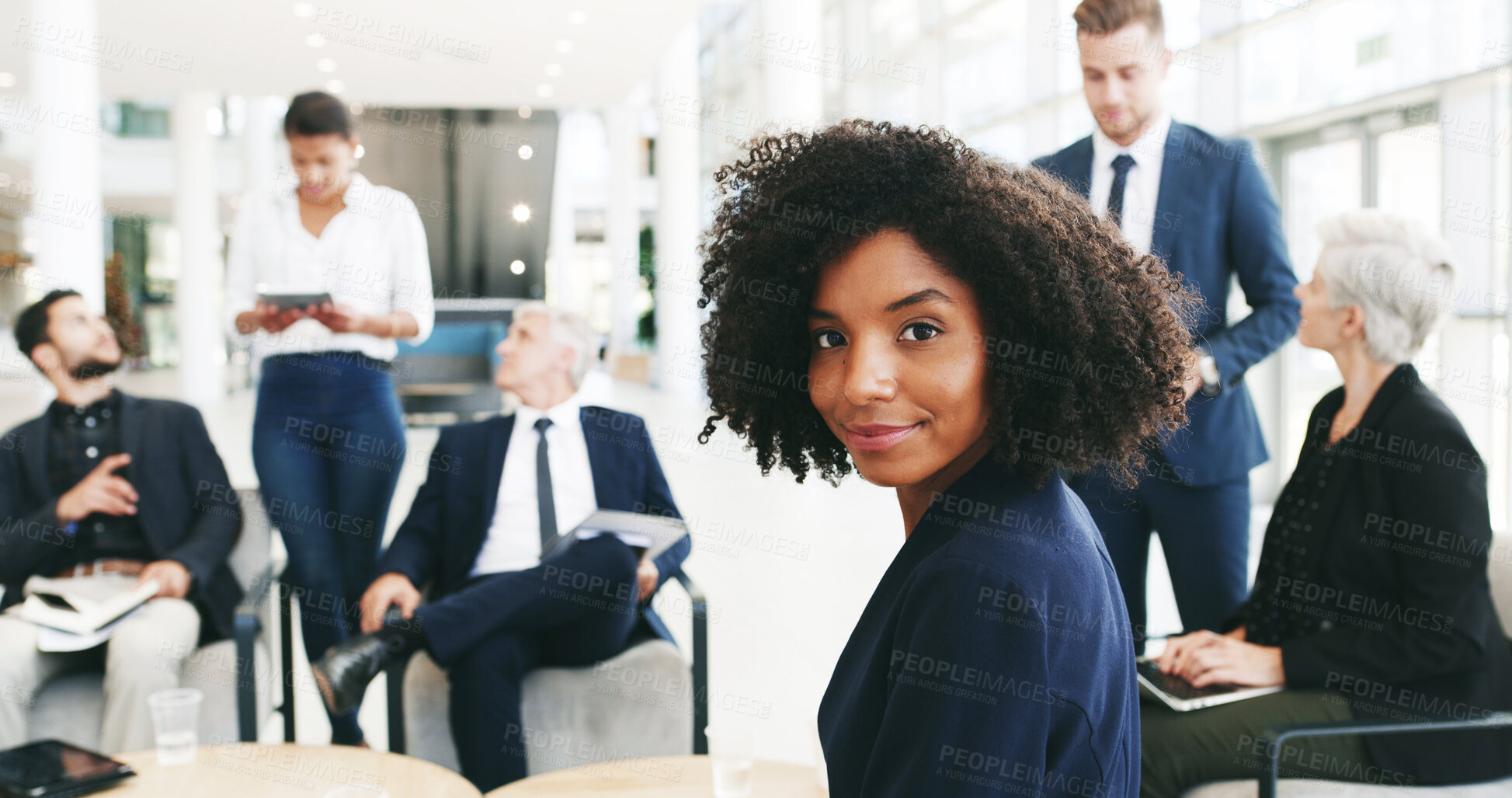 Buy stock photo Collaboration, meeting and portrait of business woman in lobby of office with team for planning or strategy, Coaching, management and training with employee group in discussion of company development