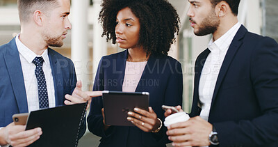 Buy stock photo Business people, tablet and research for discussion, training and schedule info with workshop planning. Presentation, meeting and collaboration for growth, future and investment company seminar goals