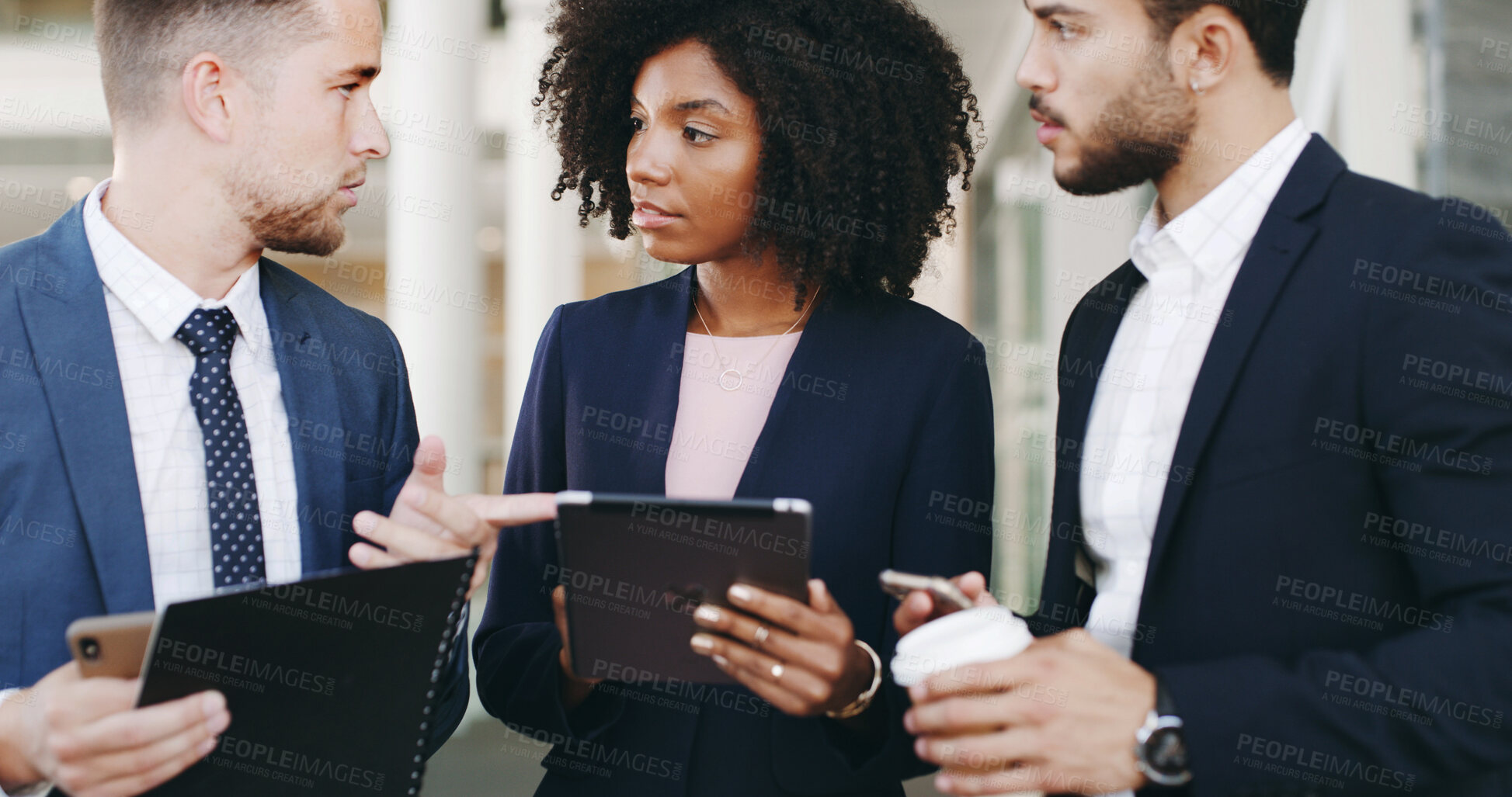 Buy stock photo Business people, tablet and research for discussion, training and schedule info with workshop planning. Presentation, meeting and collaboration for growth, future and investment company seminar goals