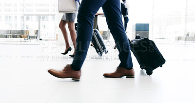 Buy stock photo Business, suitcase and walking with passenger in airport terminal for international travel or trip. Legs, luggage and flight with corporate person at arrival or departure gate for boarding or journey