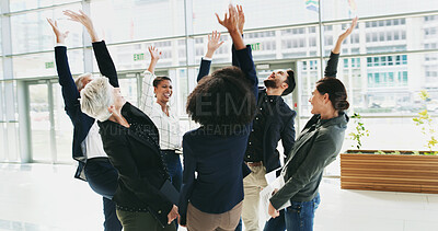 Buy stock photo Business people, group huddle and success for conference, training and celebration with workshop feedback. Presentation, announcement and meeting for growth, support and investment seminar goals