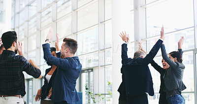 Buy stock photo Business people, group high five and celebration for conference, training and success with workshop feedback. Presentation, announcement and meeting for growth, support and investment seminar goals