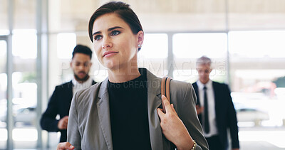 Buy stock photo Thinking, idea and business woman in office for decision, problem solving and walking to convention lobby. Planning, vision and employee at work with inspiration or insight with strategy consultant