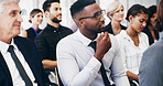 Office, business people and men in conference for listening, training and event for corporate firm. Employees, audience and development with accountant for workshop, seminar and learning for career