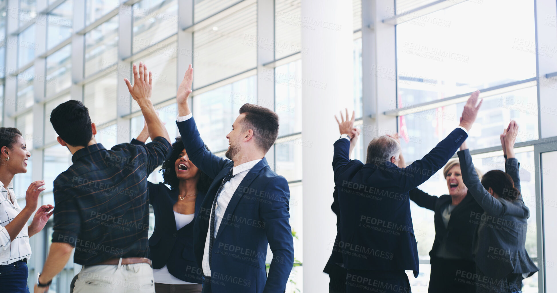 Buy stock photo Collaboration, celebration and high five with business people in lobby of office for company goals or target, Motivation, success and winner with employee team cheering for bonus, deal or good news