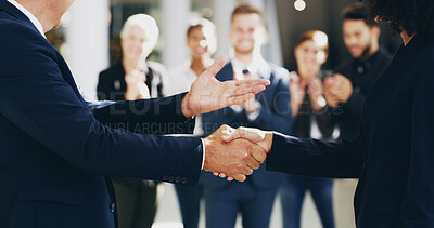 Buy stock photo Celebration, hands and handshake for meeting, office and thank you for opportunity of deal and corporate. Partnership, entrepreneur and gesture for agreement with team, congratulations and success