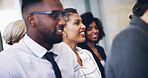 Happy, business people and seminar with audience for presentation, meeting or staff training at office. Group, employees or team with smile in conference for speech or corporate workshop at workplace