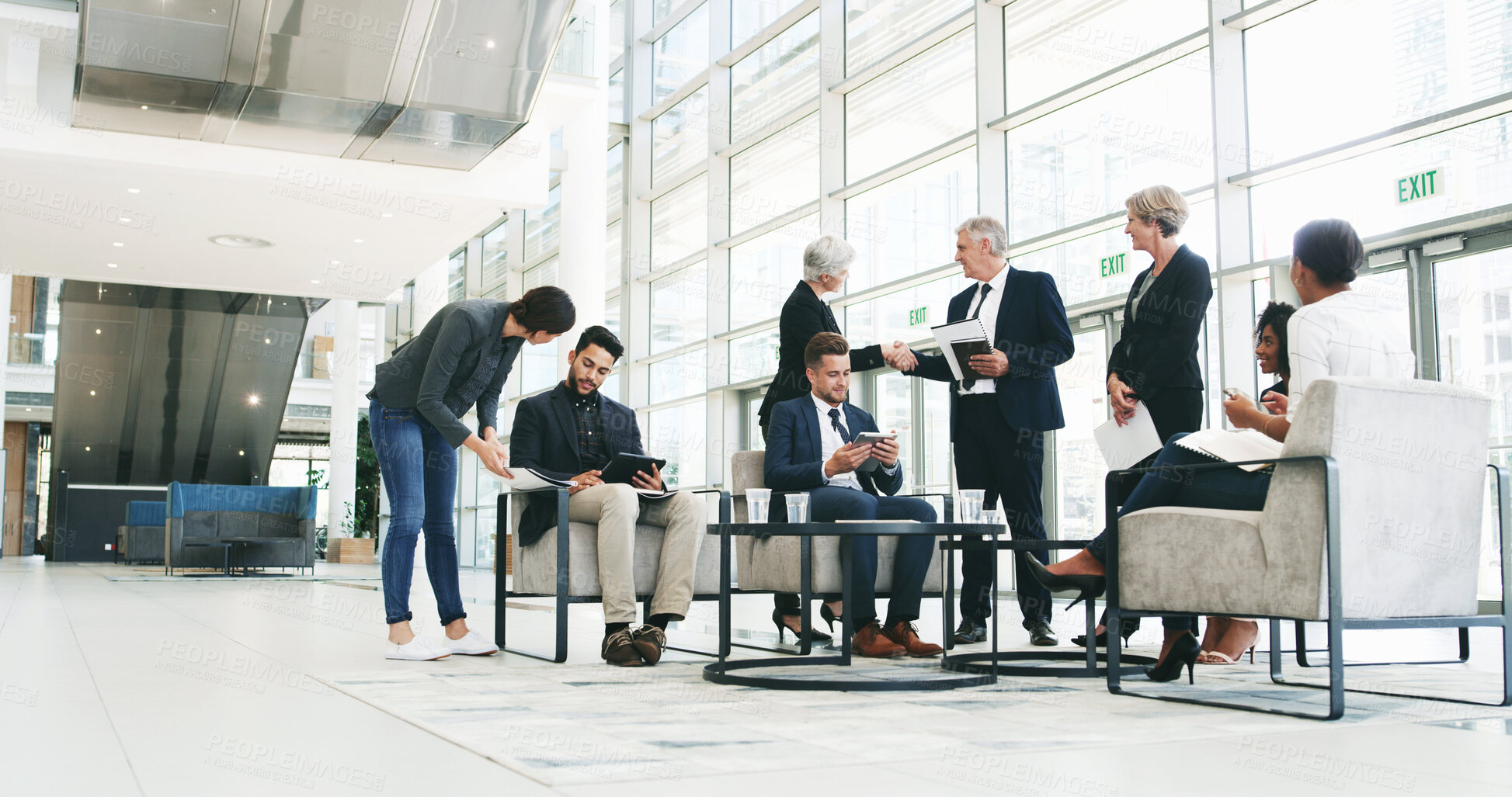 Buy stock photo Greeting, people and handshake for meeting, office and thank you for opportunity of deal and corporate. Partnership, entrepreneur and shaking hands for agreement with team, congratulations or gesture