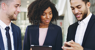 Buy stock photo Business people, tablet and phone for discussion, training and schedule info with workshop planning. Technology, meeting and collaboration for growth, future and investment company seminar goals