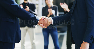 Buy stock photo Business people, clapping and handshake for merger in office, negotiation success and acquisition. Men, partnership and thank you for help with investment funding in workplace, agreement and applause
