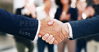 Buy stock photo Business people, together and handshake for merger in office, negotiation success and acquisition. Men, partnership and thank you for help with investment funding in workplace, agreement and welcome