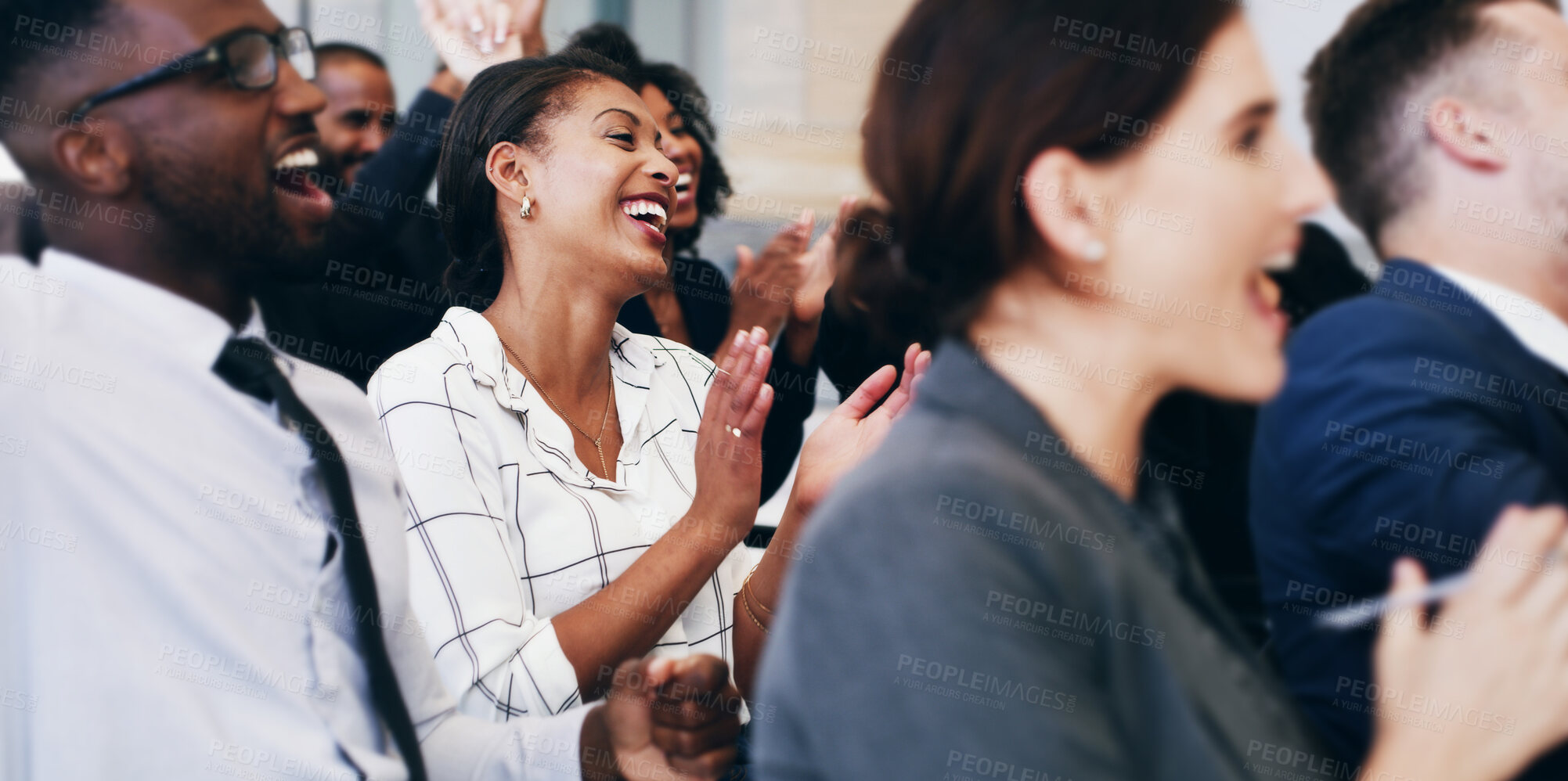 Buy stock photo Happy, business people and seminar with applause for presentation, meeting or staff workshop at office. Excited group, employees or audience clapping with smile for team speech, thank you or support