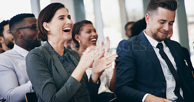 Buy stock photo Woman, applause and happy in audience, conference and celebration for company goals with cheers. Business people, men and crowd with diversity, success or excited for announcement at insurance agency