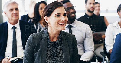 Buy stock photo Woman, listening and smile in crowd, convention and attention for announcement with group. Business people, person and audience with diversity, success and happy for conference at insurance agency