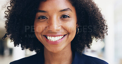 Buy stock photo Portrait, lawyer or black woman in office with smile for advocate, confidence or practice. Face, legal counsel or happy attorney clerk at law firm of Kenya for career growth, litigation or justice