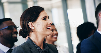 Buy stock photo Smile, group and business people at seminar with attention for corporate training, development or teamwork. Audience, men and women at conference for presentation, planning and opportunity for growth
