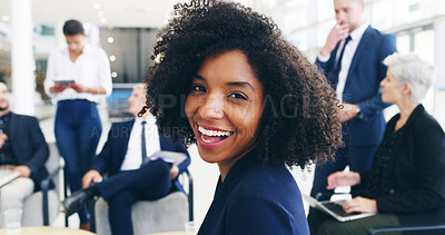 Buy stock photo Excited, meeting and portrait of businesswoman in office for negotiation on real estate law case with clients. Confident, professional and attorney with team for legal property transaction deal.
